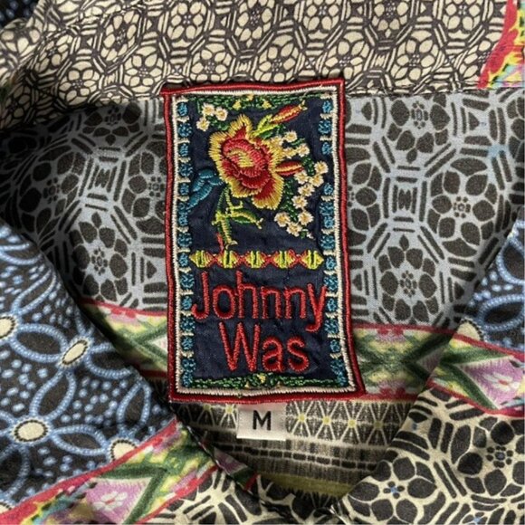 Johnny Was M Patchwork Silky Cupra Rayon Pullover Blouse Tunic Roll-Tab Sleeve - Picture 11 of 14